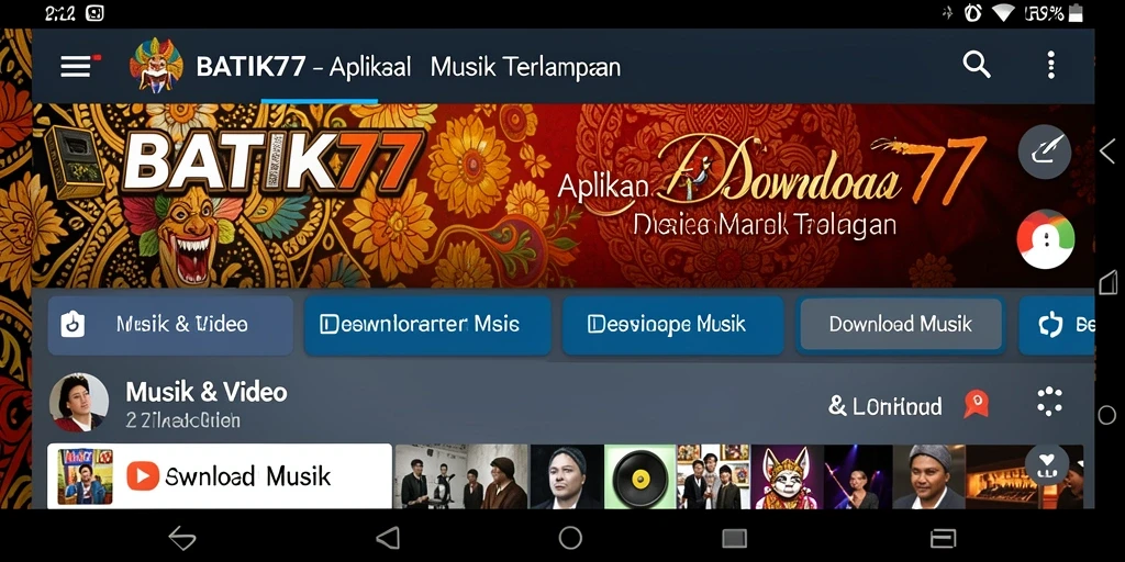 Tampilan antarmuka aplikasi BATIK77 untuk Download Musik.