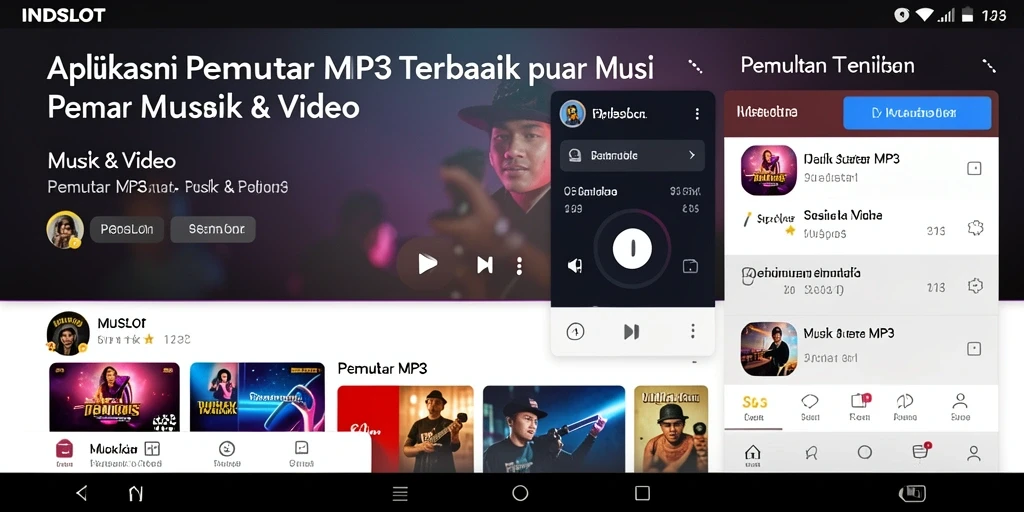 Tampilan antarmuka aplikasi INDSLOT sebagai pemutar MP3 yang sederhana dan menarik.