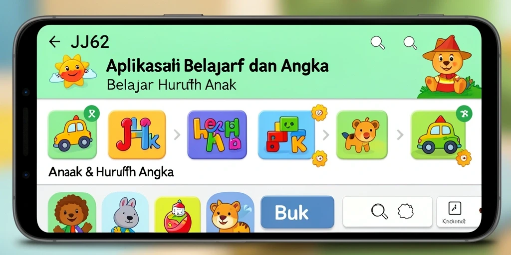 Tampilan interaktif aplikasi JJ62 untuk belajar huruf dan angka.