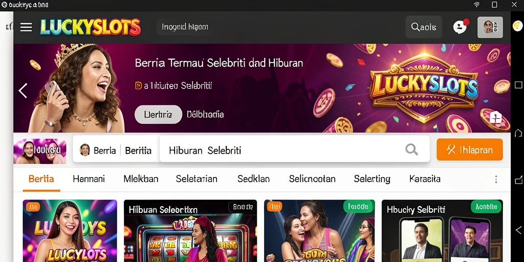 Antarmuka pengguna LUCKYSLOTS menampilkan berita dan gambar selebriti.